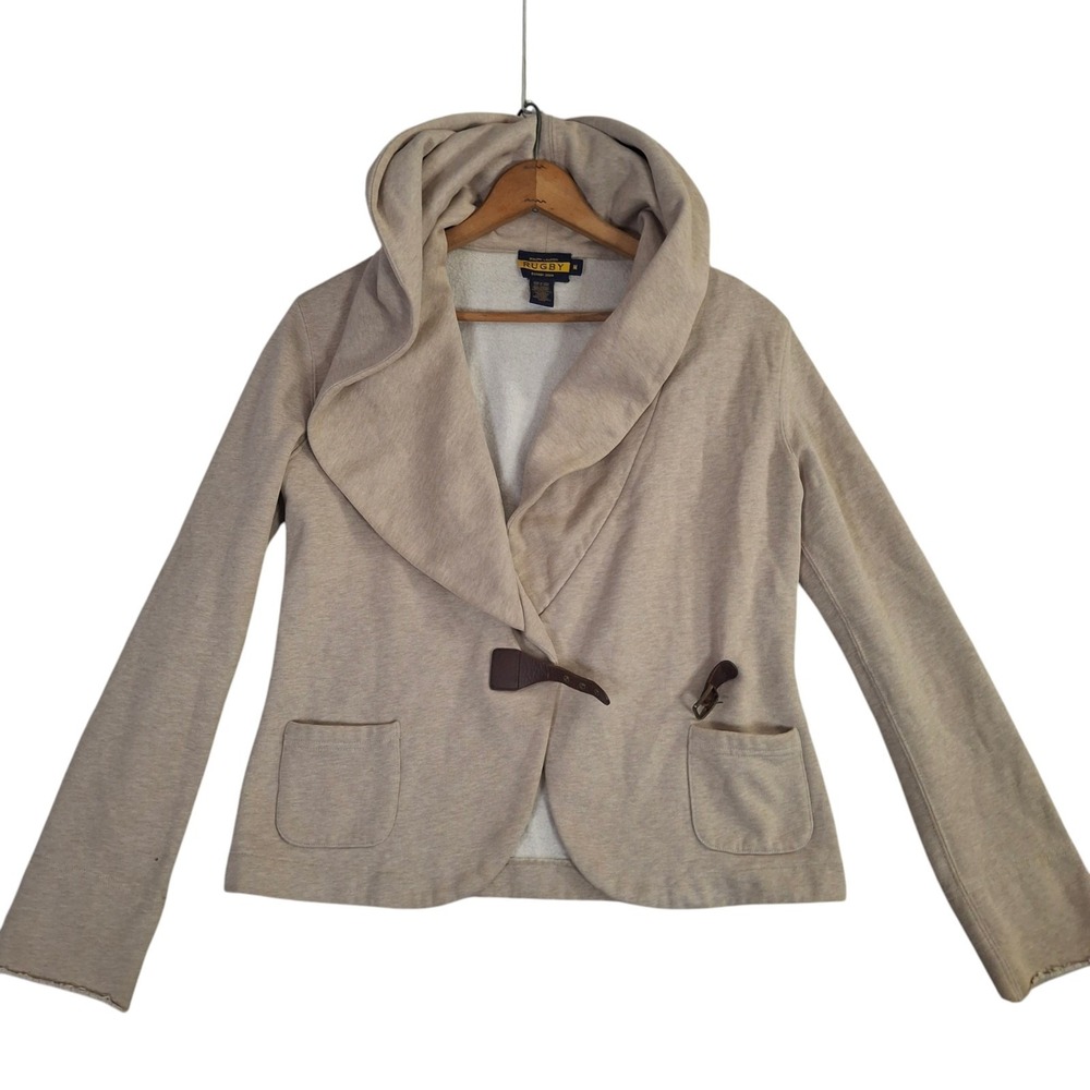 Ralph Lauren Rugby Womens Hooded Sweatshirt Jacket Beige Leather Toggle Size M